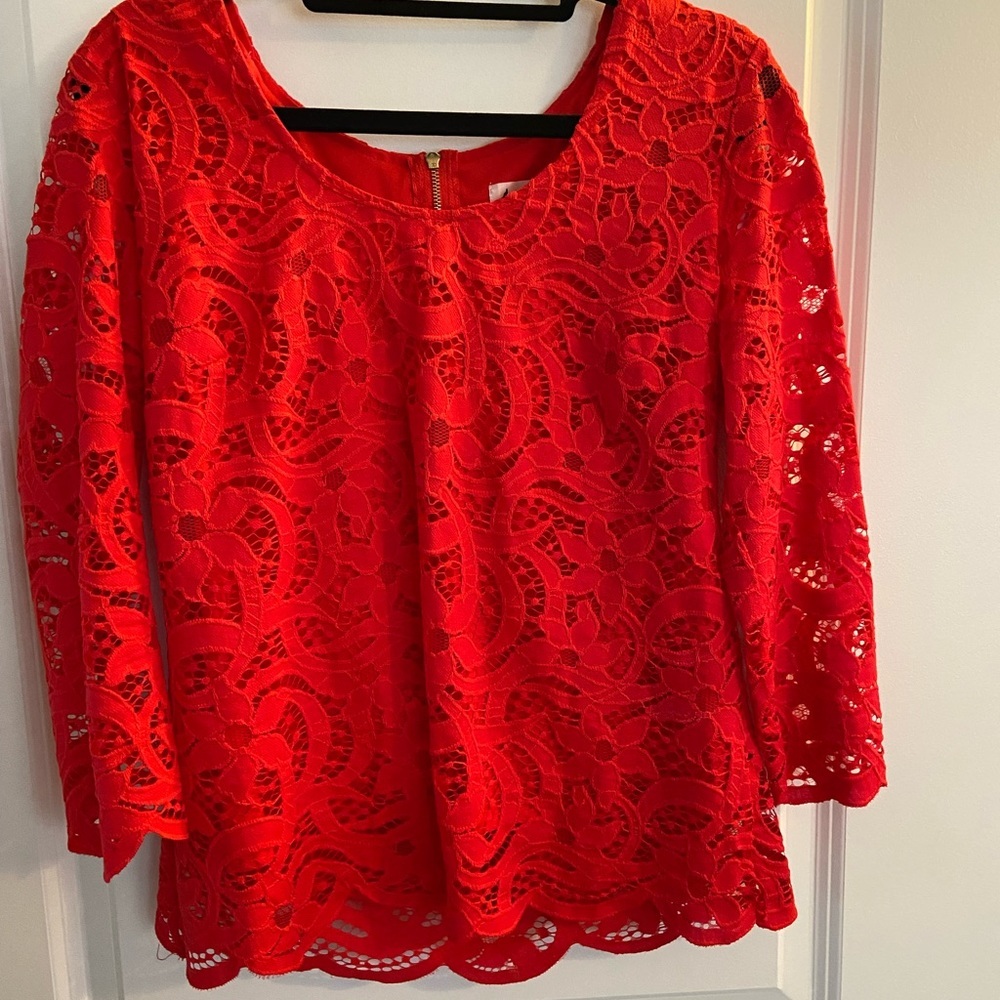 Red lace shirt Nanette lepore zip Christmas holiday party New Year’s Eve! Small